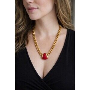 Vintage Monet Gold Tone Chain Necklace Red Statement Pendant Retro Jewelry